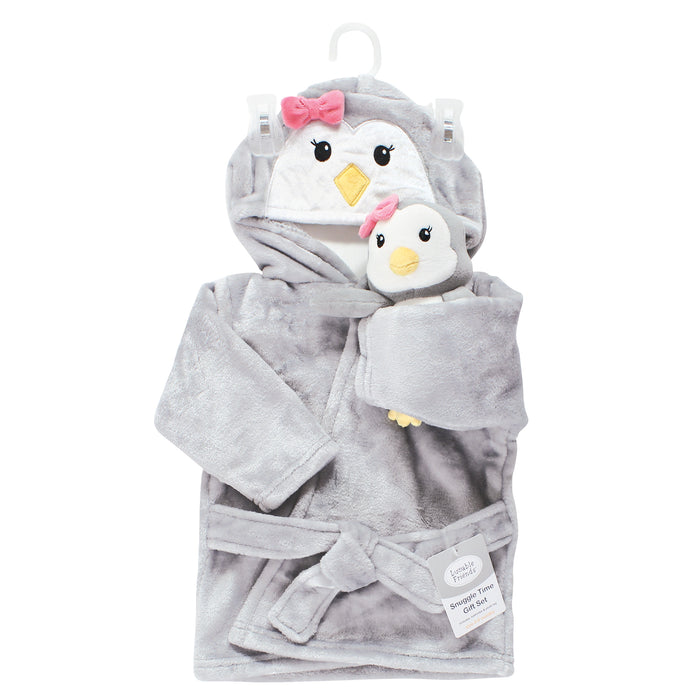Luvable Friends Infant Girl Plush Bathrobe and Toy Set, Girl Penguin, 0-9 Months