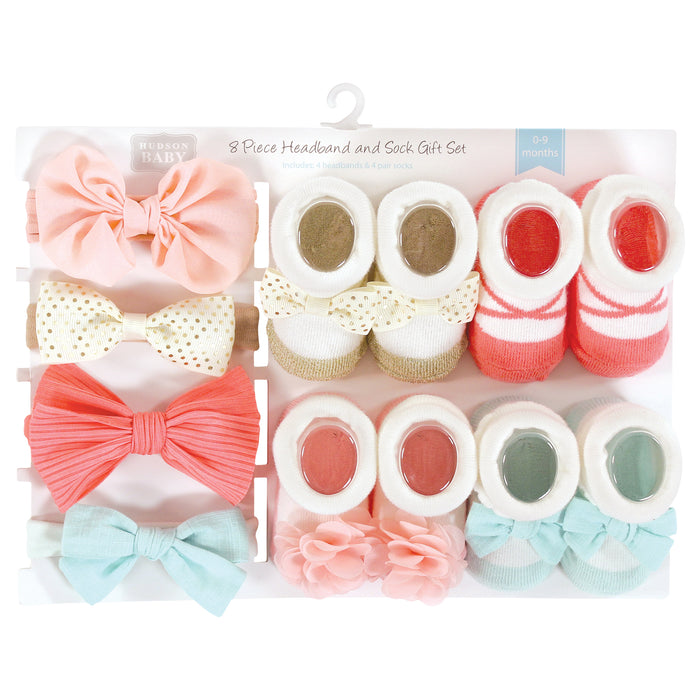Hudson Baby Infant Girl Headband and Socks Giftset, Coral Gold 8-Piece, One Size