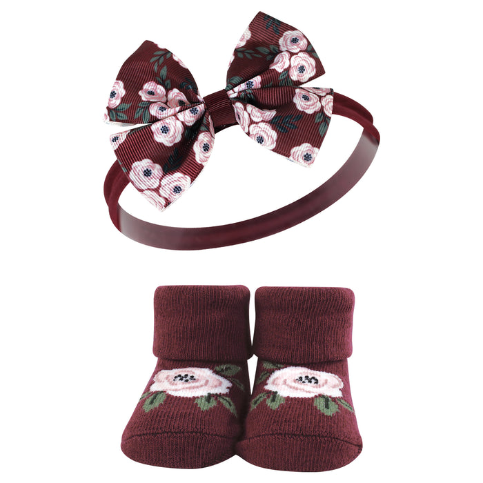 Hudson Baby Infant Girl Headband and Socks Giftset, Burgundy Floral 8-Piece, One Size