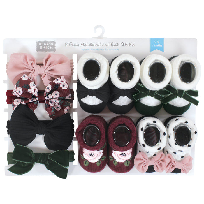 Hudson Baby Infant Girl Headband and Socks Giftset, Burgundy Floral 8-Piece, One Size