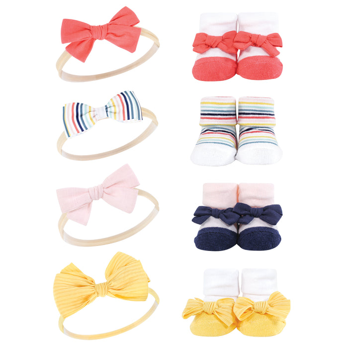 Hudson Baby Infant Girl Headband and Socks Giftset, Coral Stripe, One Size