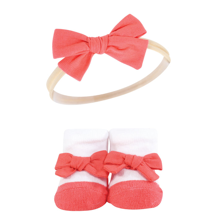 Hudson Baby Infant Girl Headband and Socks Giftset, Coral Stripe, One Size