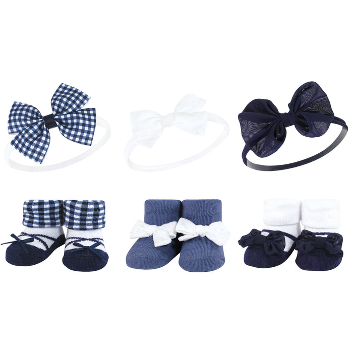 Hudson Baby Infant Girl Headband and Socks Giftset, Navy Gingham, One Size