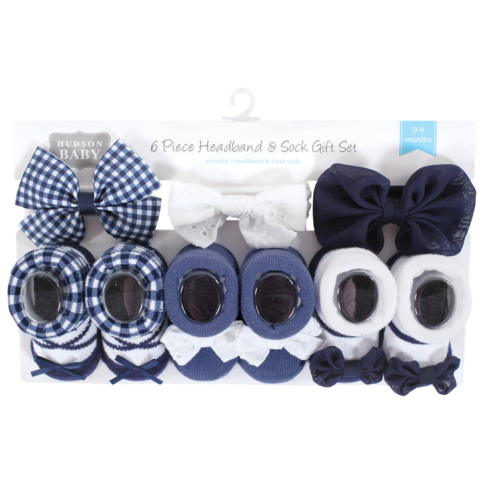 Hudson Baby Infant Girl Headband and Socks Giftset, Navy Gingham, One Size