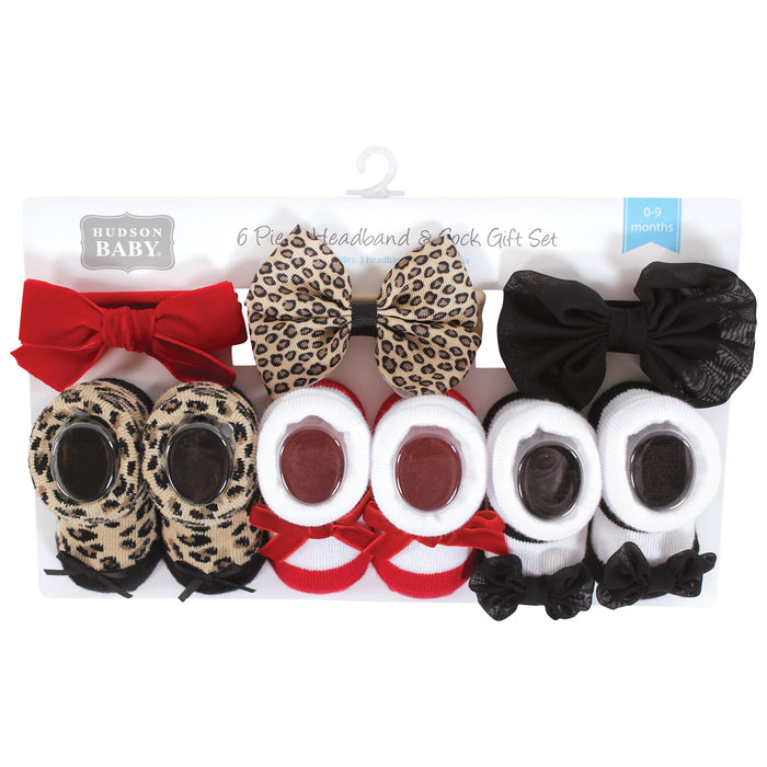 Hudson Baby Infant Girl Headband and Socks Giftset, Red Leopard, One Size