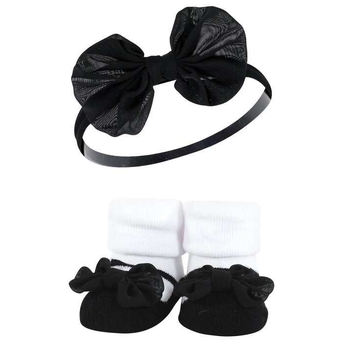 Hudson Baby Infant Girl Headband and Socks Giftset, Black Silver, One Size