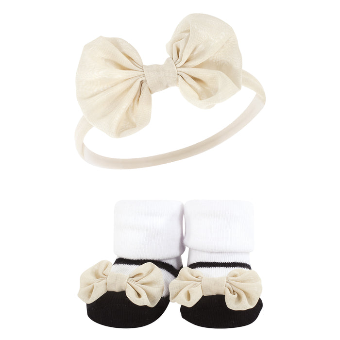 Hudson Baby Infant Girl Headband and Socks Giftset, Black Stripe Neutrals, One Size