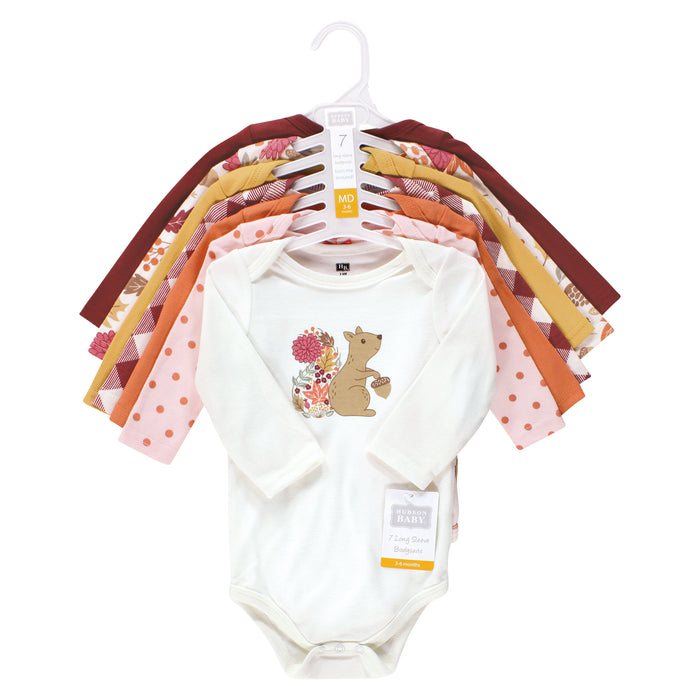 Hudson Baby Girl Cotton Long-Sleeve Bodysuits, Fall Squirrel 7-Pack