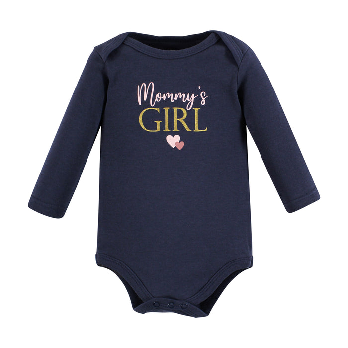 Hudson Baby Infant Girl Cotton Long-Sleeve Bodysuits, Girl Mommy Pink Navy 3-Pack