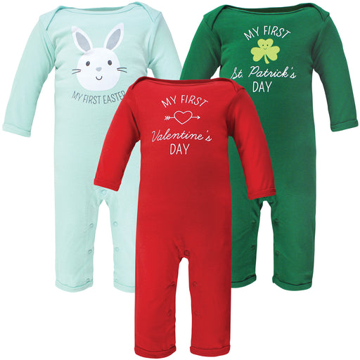 Hudson Baby 3-Pack Cotton Coveralls, Valentine Easter