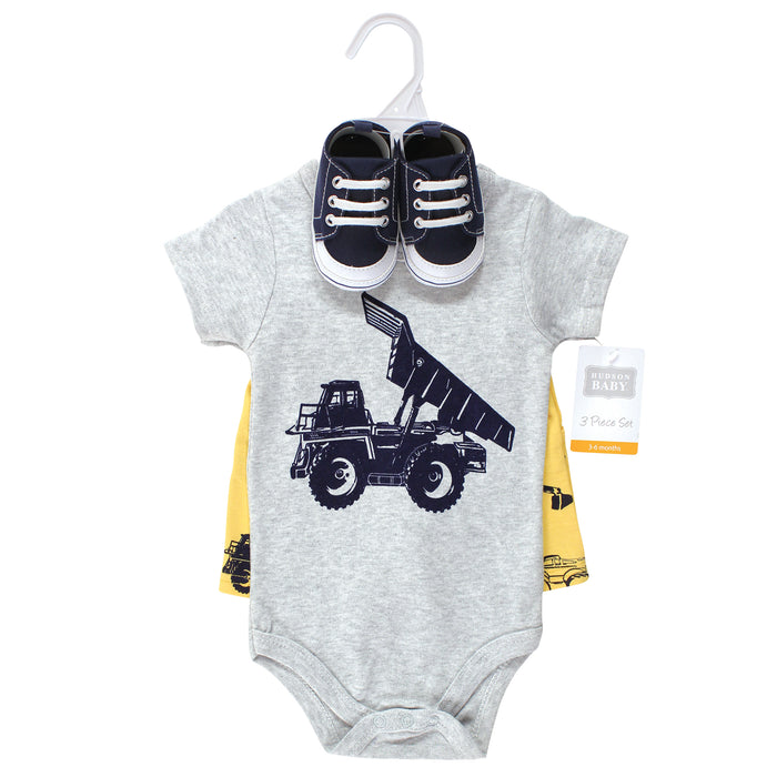 Hudson Baby Infant Boy Cotton Bodysuit, Shorts and Shoe Set, Construction Trucks