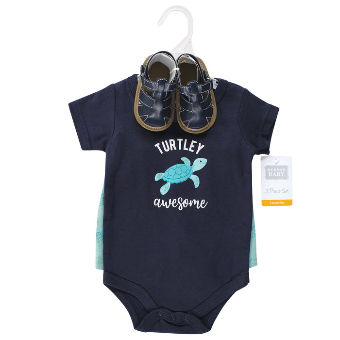 Hudson Baby Infant Boy Cotton Bodysuit, Shorts and Shoe Set, Sea Turtle