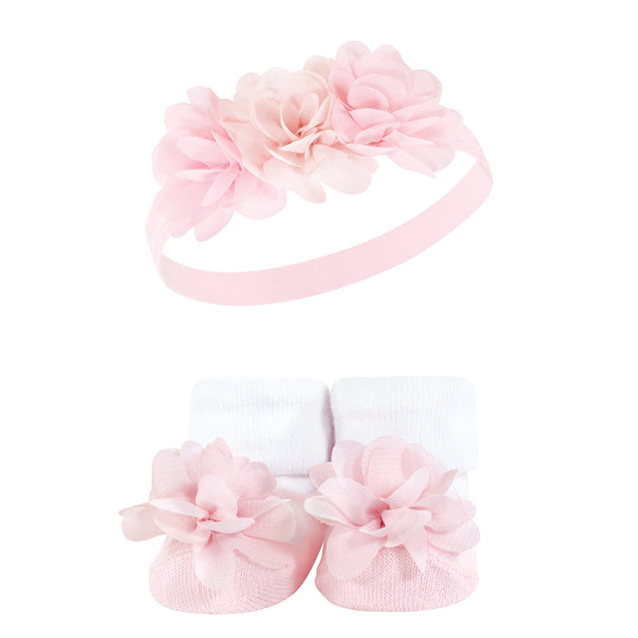 Hudson Baby Infant Girl Headband and Socks Giftset, Pink Gray Flower