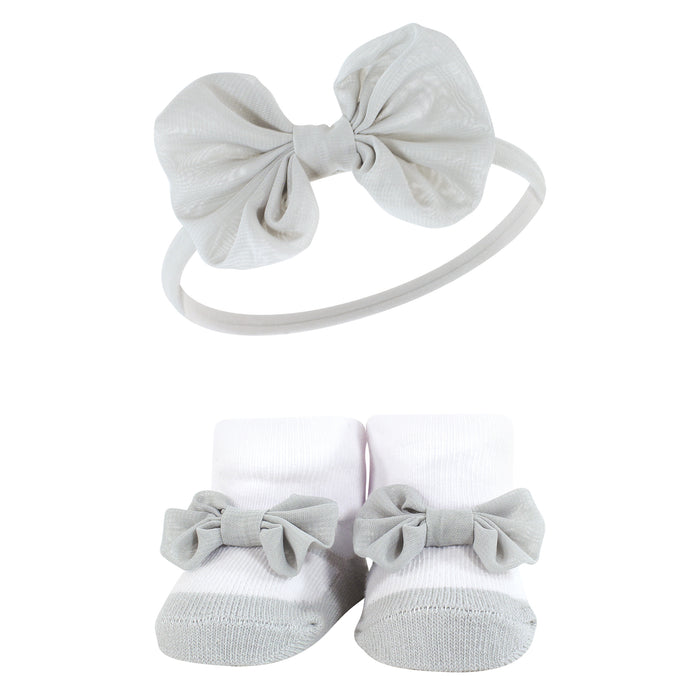 Hudson Baby Infant Girl Headband and Socks Giftset, Pink Gray Flower