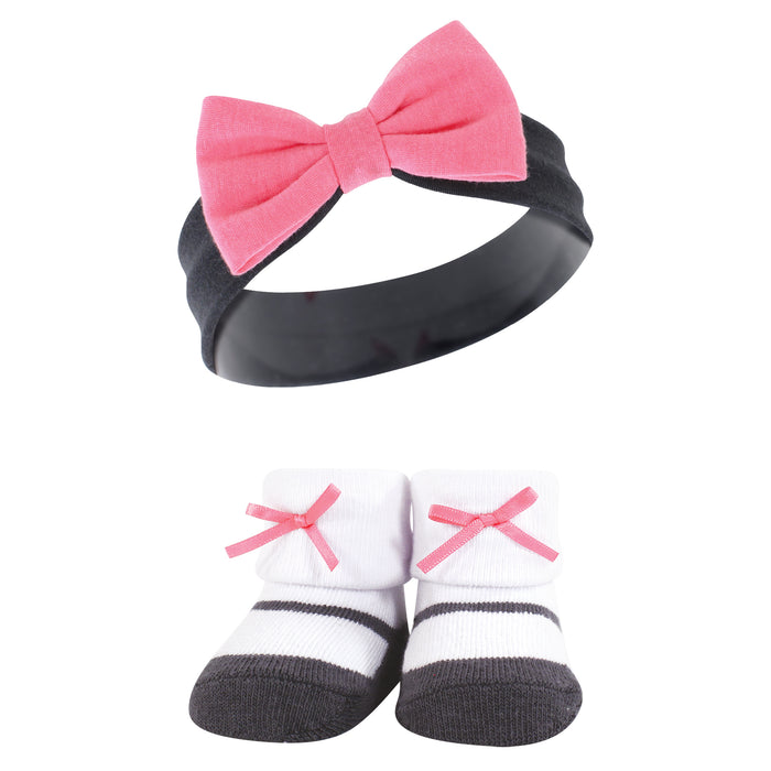 Hudson Baby Infant Girl Headband and Socks Giftset, Pink Charcoal