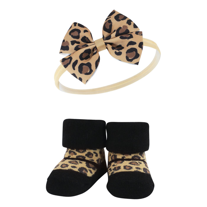 Hudson Baby Infant Girl Headband and Socks Giftset, Leopard