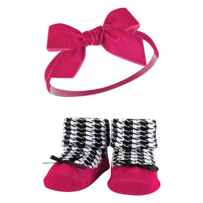 Hudson Baby Infant Girl Headband and Socks Giftset, Black Pink, One Size