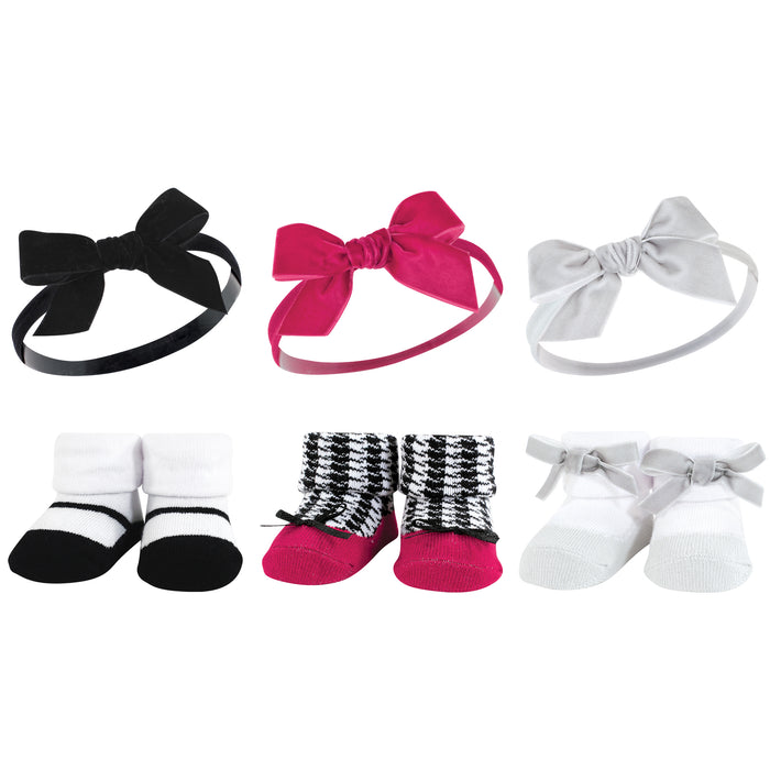 Hudson Baby Infant Girl Headband and Socks Giftset, Black Pink, One Size