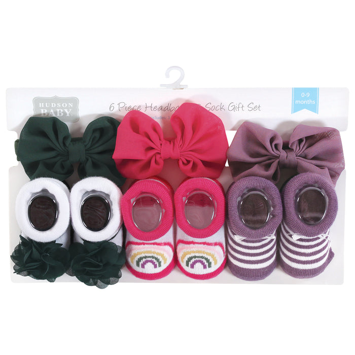 Hudson Baby Infant Girl Headband and Socks Giftset, Green Purple, One Size