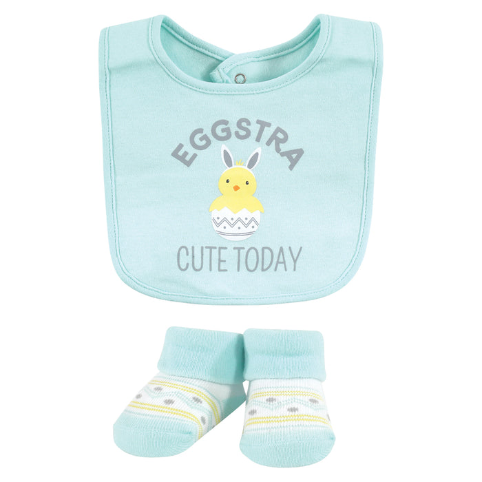 Hudson Baby Cotton Bib and Sock Set, Eggstra Cute, 0-9 Months