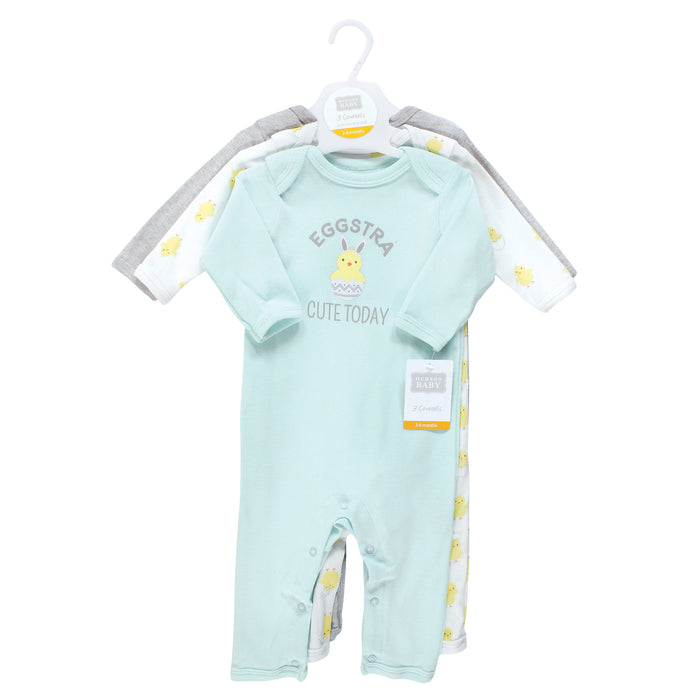 Hudson Baby 3-Pack Cotton Coveralls, Eggstra Cute