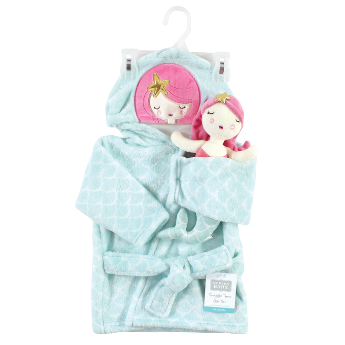 Hudson Baby Infant Girl Plush Bathrobe and Toy Set, Mermaid, One Size