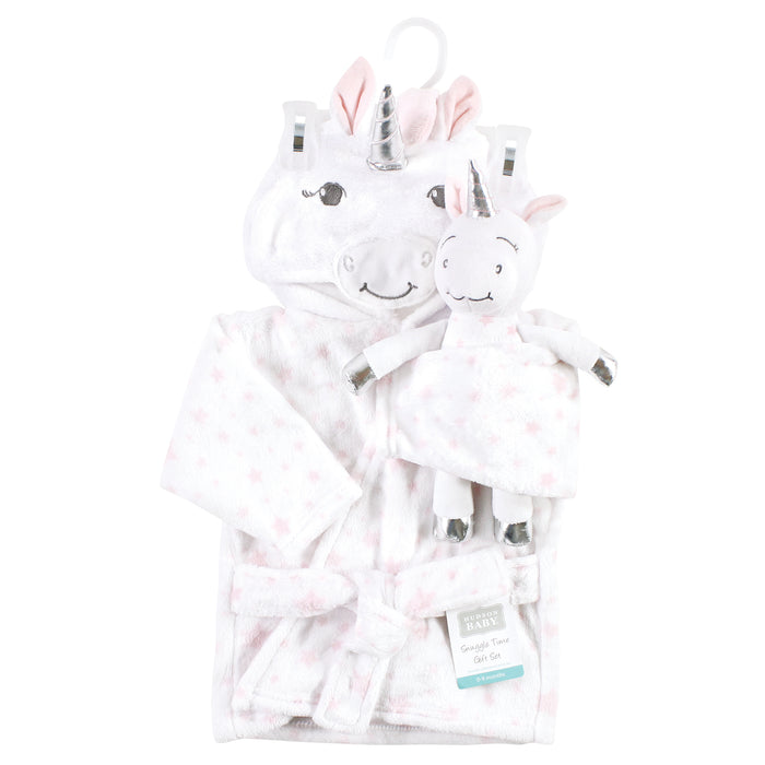 Hudson Baby Infant Girl Plush Bathrobe and Toy Set, White Unicorn, One Size