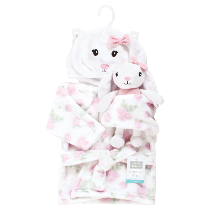 Hudson Baby Infant Girl Plush Bathrobe and Toy Set, Bunny, One Size