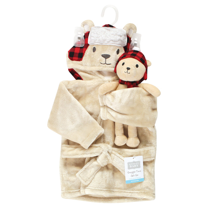 Hudson Baby Plush Bathrobe and Toy Set, Plaid Bear, One Size