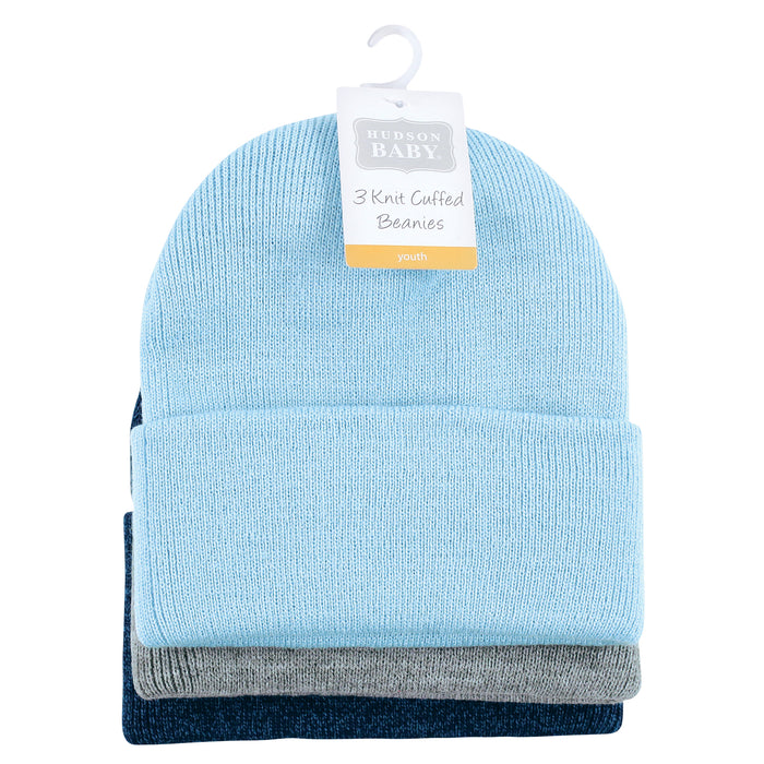 Hudson Baby Family Knit Cuffed Beanie 3 Pack, Light Blue