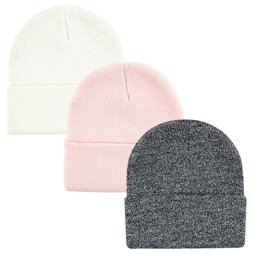 Hudson Baby Knit Cuffed Beanie 3 Pack, Pink, White, Gray