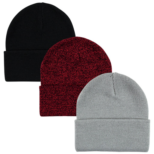 Hudson Baby Knit Cuffed Beanie 3 Pack, Heather Red Black