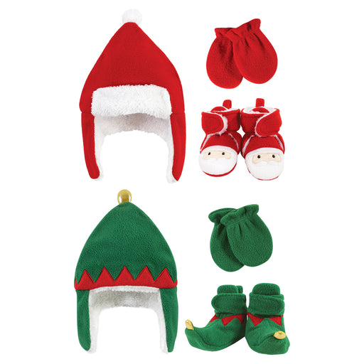 Hudson Baby 6 Piece Trapper Hat, Mitten and Bootie Set, Santa Green Elf