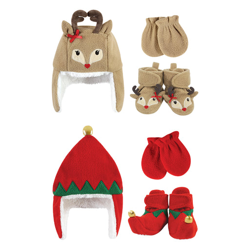 Hudson Baby 6 Piece Trapper Hat, Mitten and Bootie Set, Red Elf Girl Reindeer