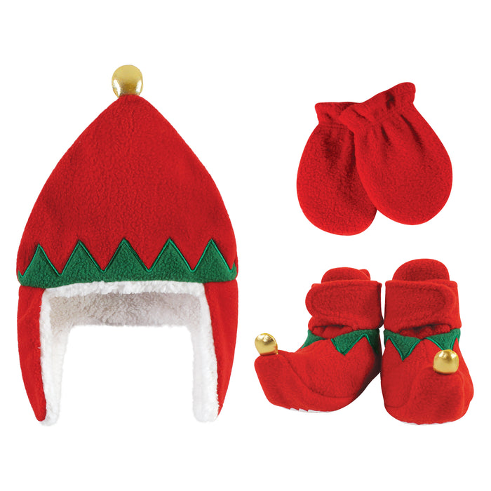 Hudson Baby 6 Piece Trapper Hat, Mitten and Bootie Set, Red Elf Reindeer