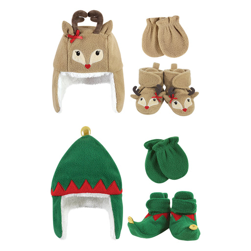 Hudson Baby 6 Piece Trapper Hat, Mitten and Bootie Set, Green Elf Girl Reindeer