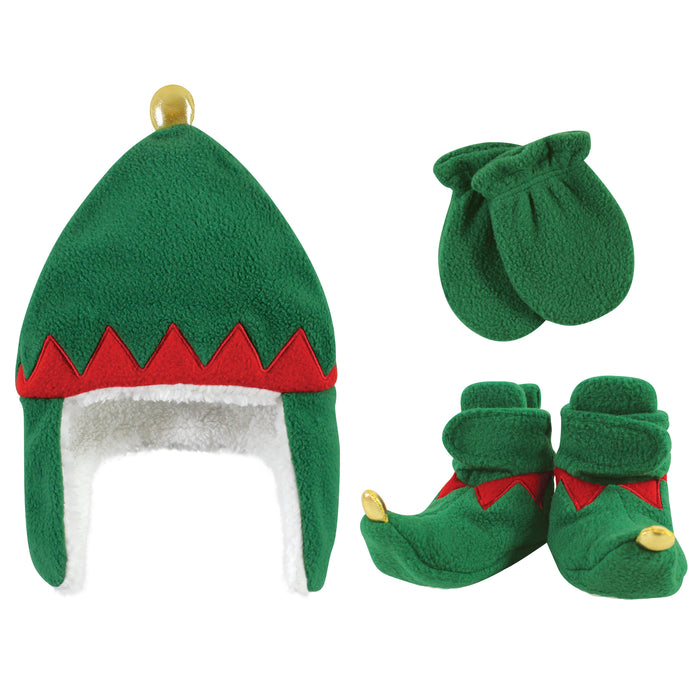 Hudson Baby 6 Piece Trapper Hat, Mitten and Bootie Set, Red Elf Green Elf