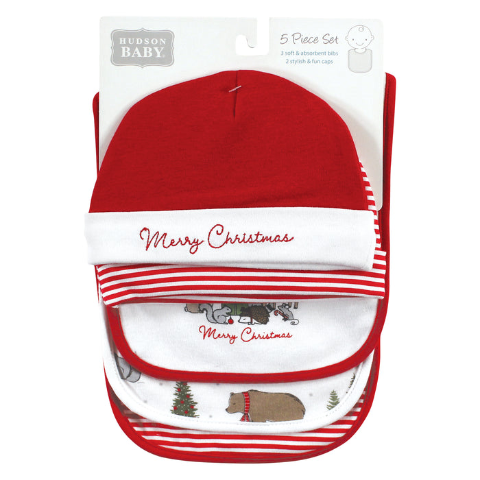 Hudson Baby Cotton Bib and Caps Set, Christmas Forest, One Size