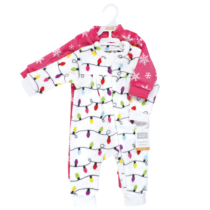 Hudson Baby Infant Girl Plush Jumpsuits, Pink Christmas Lights