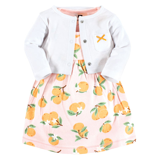Hudson Baby Baby and Toddler Girl Cotton Dress and Cardigan Set, Citrus Orange