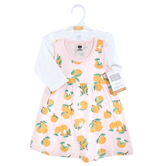 Hudson Baby Baby and Toddler Girl Cotton Dress and Cardigan Set, Citrus Orange