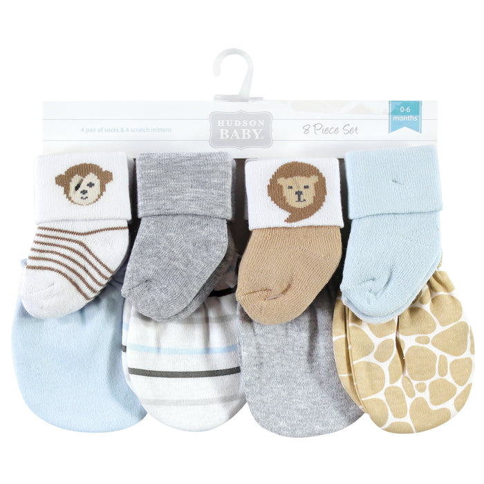 Hudson Baby Infant Boy Socks and Mittens Set, Safari Boy, 0-6 Months