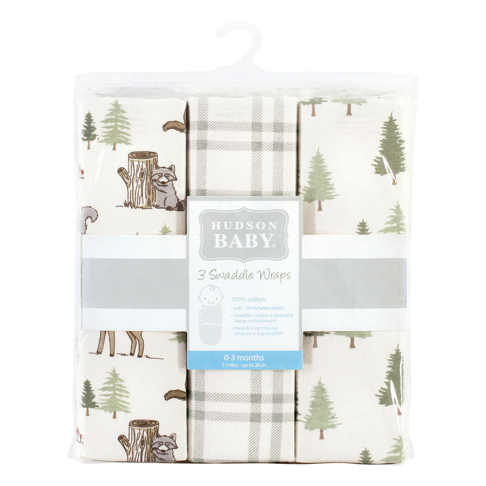 Hudson Baby Cotton Swaddle Wrap, Forest Animals, 0-3 Months 3-Pack
