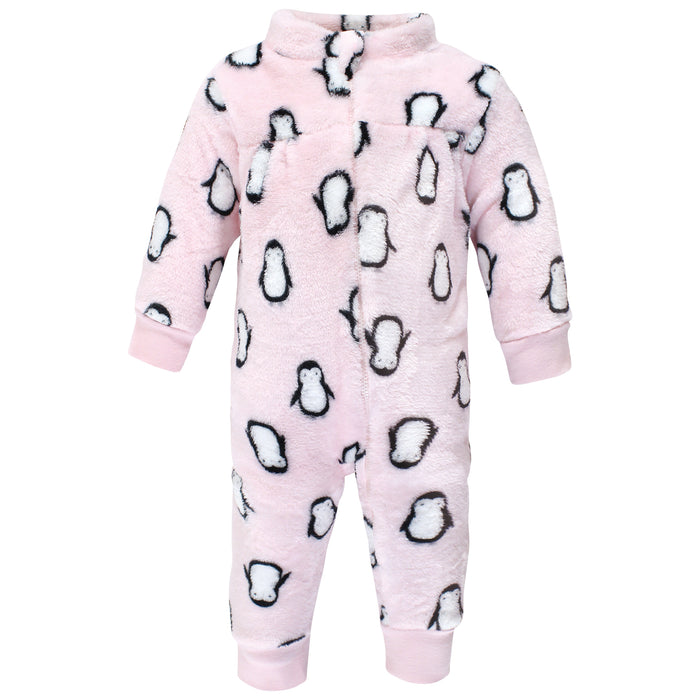 Hudson Baby Infant Girl Plush Jumpsuits, Pink Penguin