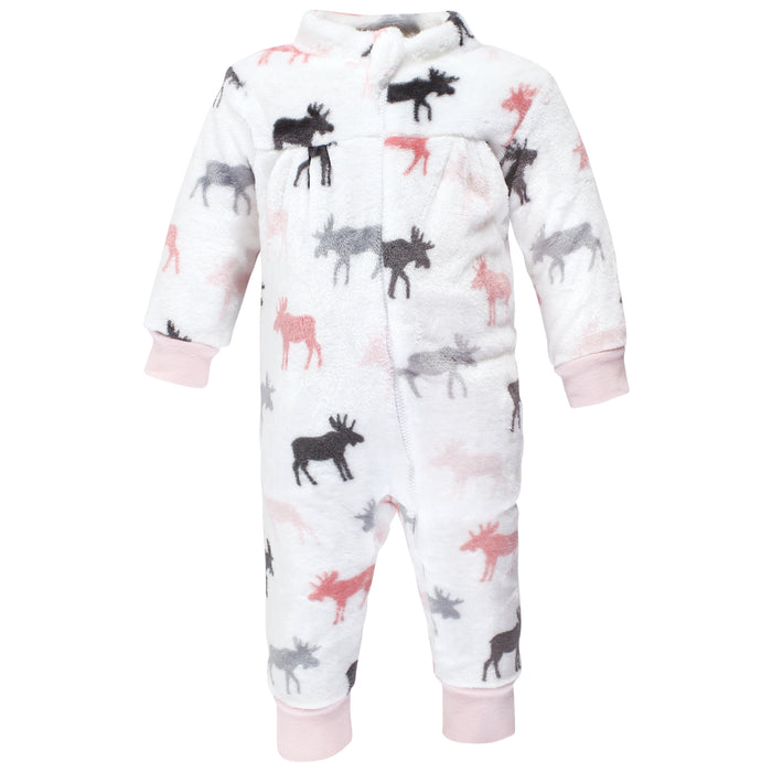 Hudson Baby Infant Girl Plush Jumpsuits, Pink Moose