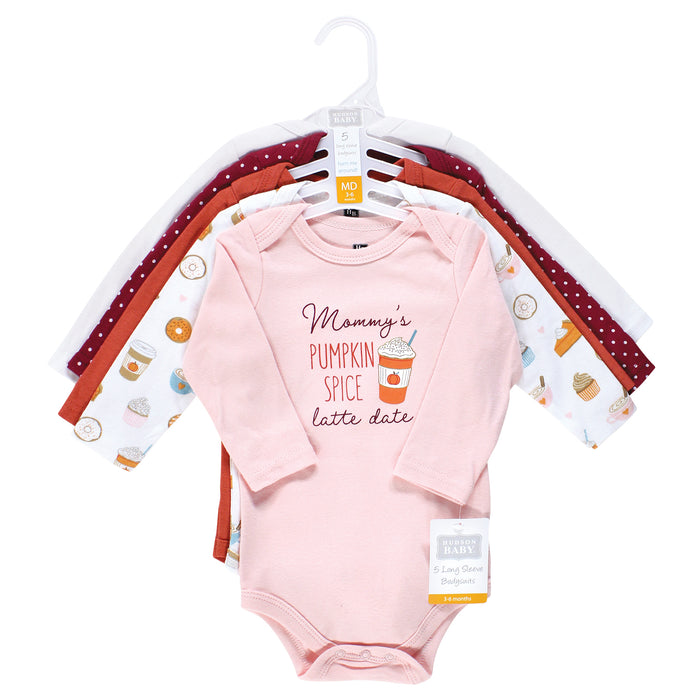 Hudson Baby Infant Girl Cotton Long-Sleeve Bodysuits, Pumpkin Spice Date