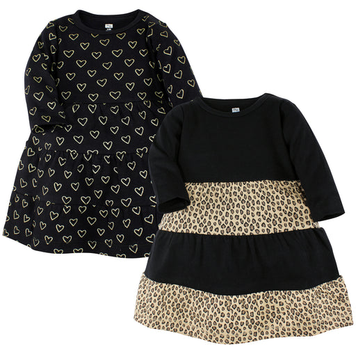 Hudson Baby Girl Cotton Dresses, Leopard Gold Heart 2-Pack