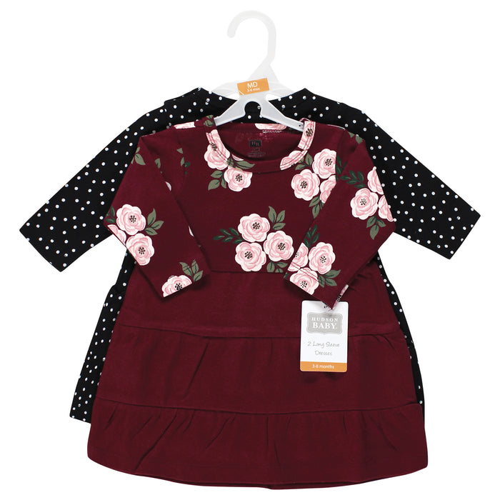 Hudson Baby Girl Cotton Dresses, Black Burgundy Floral 2-Pack