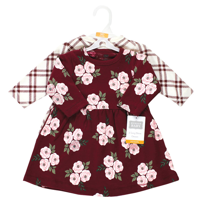 Hudson Baby Girl Cotton Dresses, Red Burgundy Floral 2-Pack