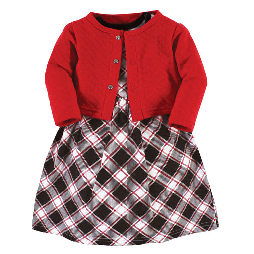 Hudson Baby Toddler and Baby Girl Quilted Cardigan and Dress, Black Red Plaid